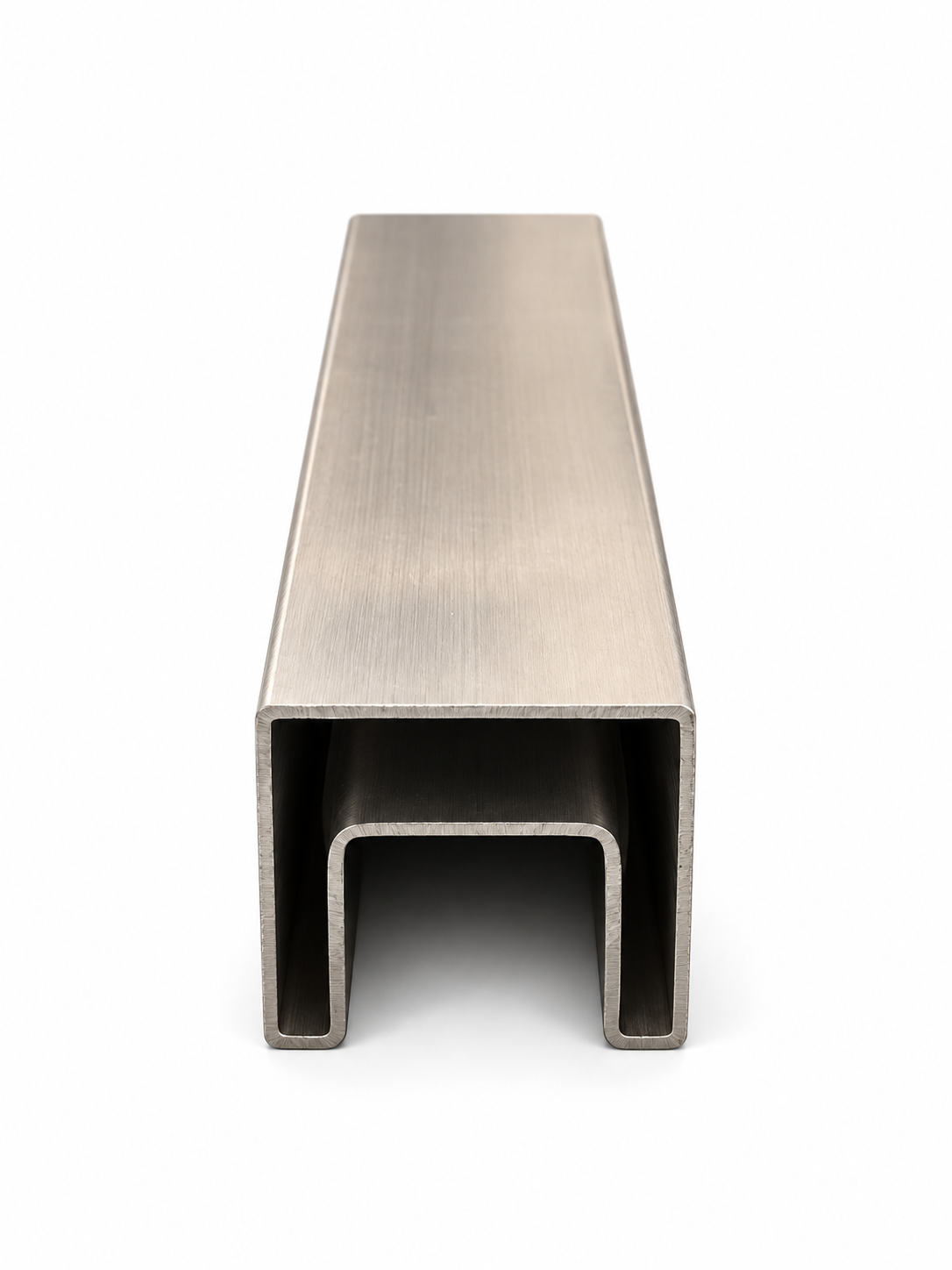 End view of slotted stainless steel square cap rail showing U-channel profile for glass railing or LED handrail