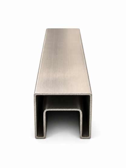End view of slotted stainless steel square cap rail showing U-channel profile for glass railing or LED handrail