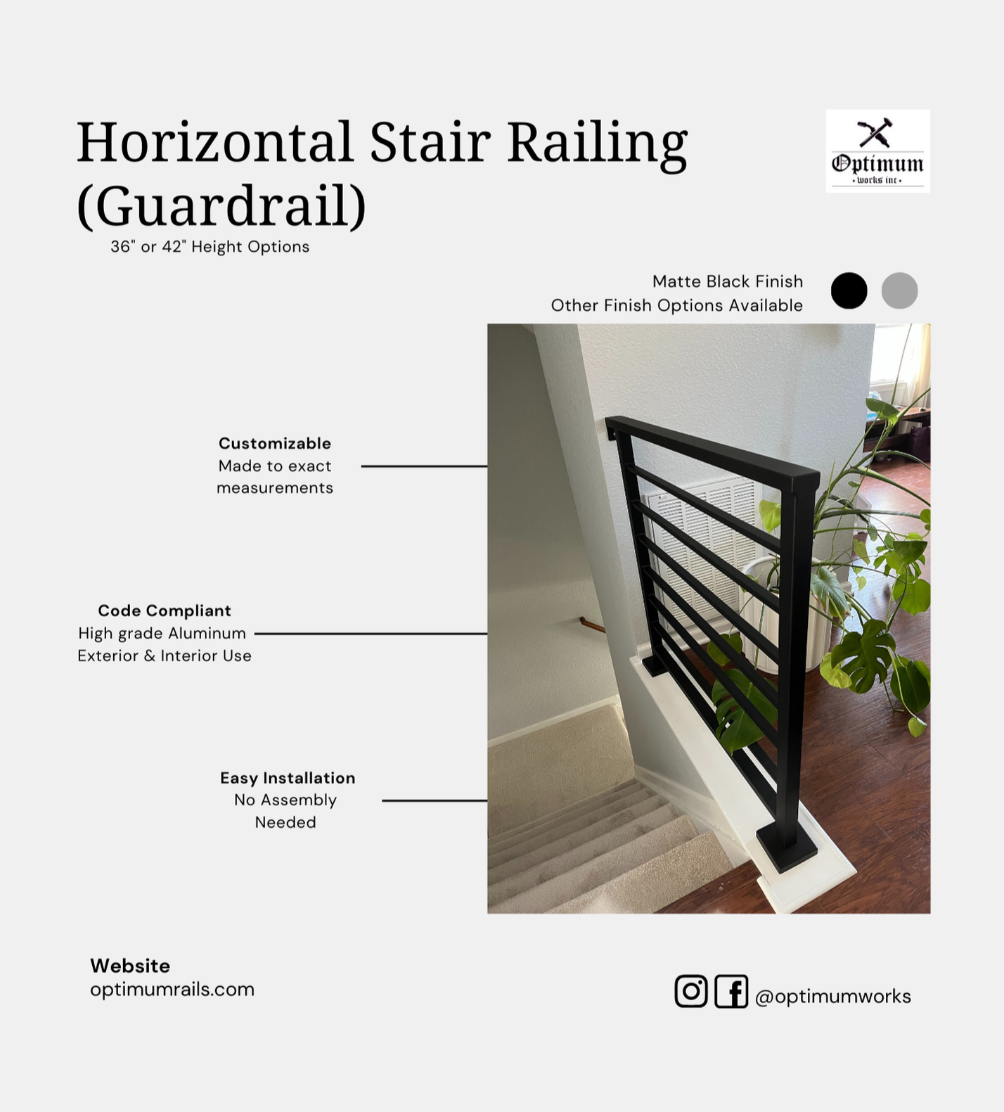 Optimum Works horizontal stair railing with features and product details on a white background