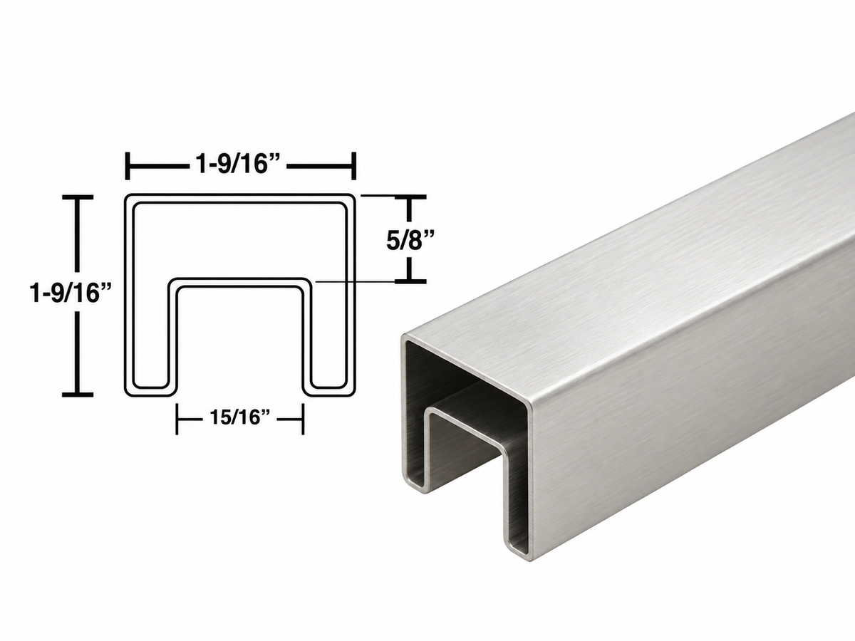 Stainless steel cap rail dimensions: 1-9/16 inch square with 15/16 inch wide by 5/8 inch deep slot