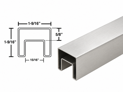 Stainless steel cap rail dimensions: 1-9/16 inch square with 15/16 inch wide by 5/8 inch deep slot