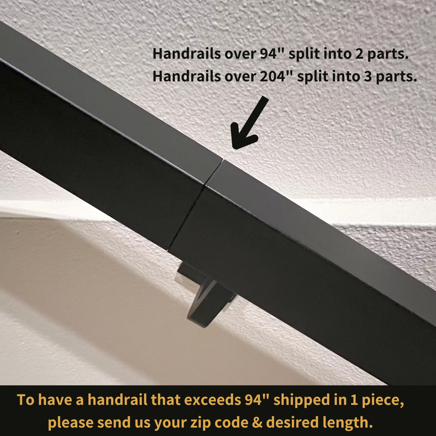 image showing what the small seam/split in handrails longer than 94" looks like and a note that customers can request for handrails over 94" to be shipped in one piece