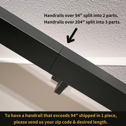 image showing what the small seam/split in handrails longer than 94" looks like and a note that customers can request for handrails over 94" to be shipped in one piece