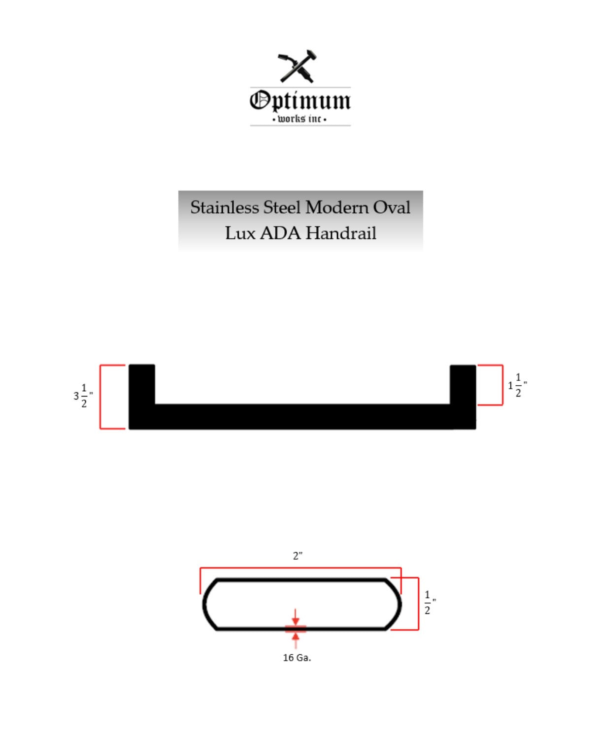 2"x0.5" Slim Oval Lux Stainless Steel Handrail