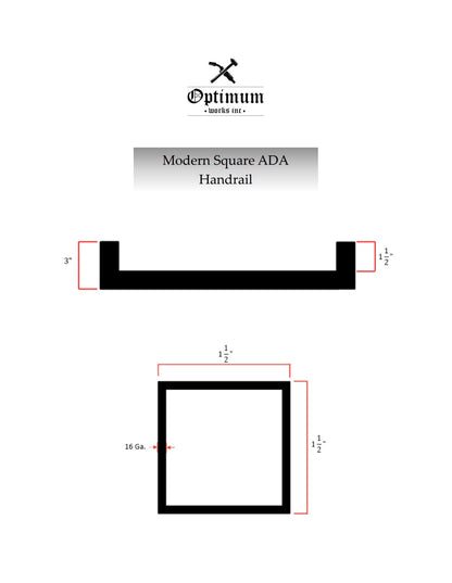 Diagram the 1.5"x1.5" Metal Handrail's 3" wall return, 1.5" square dimensions and 16ga thickness