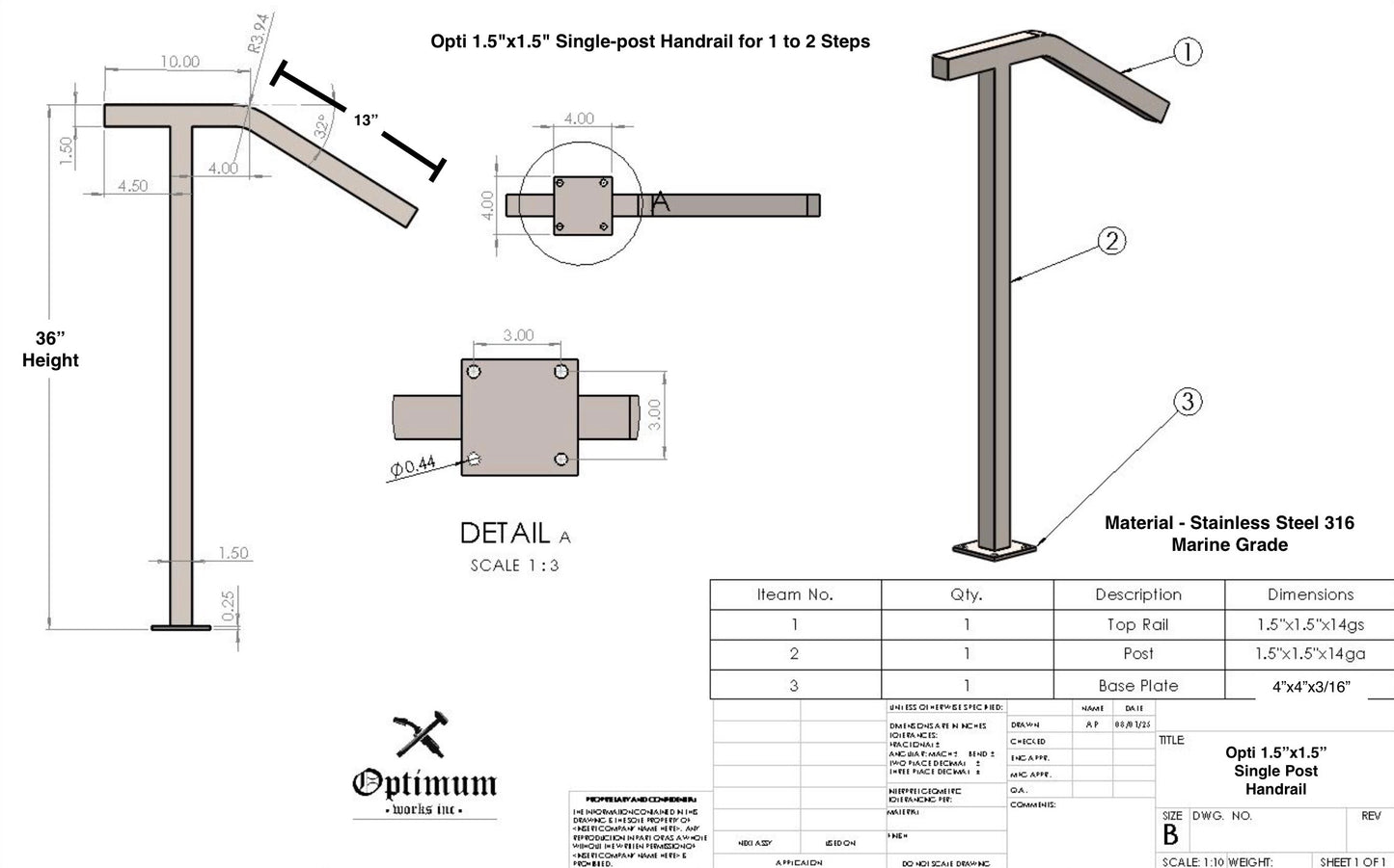 Opti 1.5"x1.5" Single-post Handrail for 1 to 2 Steps (Stainless Steel 316)