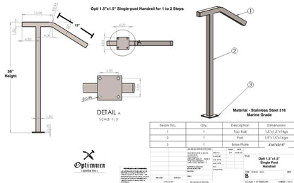Opti 1.5"x1.5" Single-post Handrail for 1 to 2 Steps (Stainless Steel 316)
