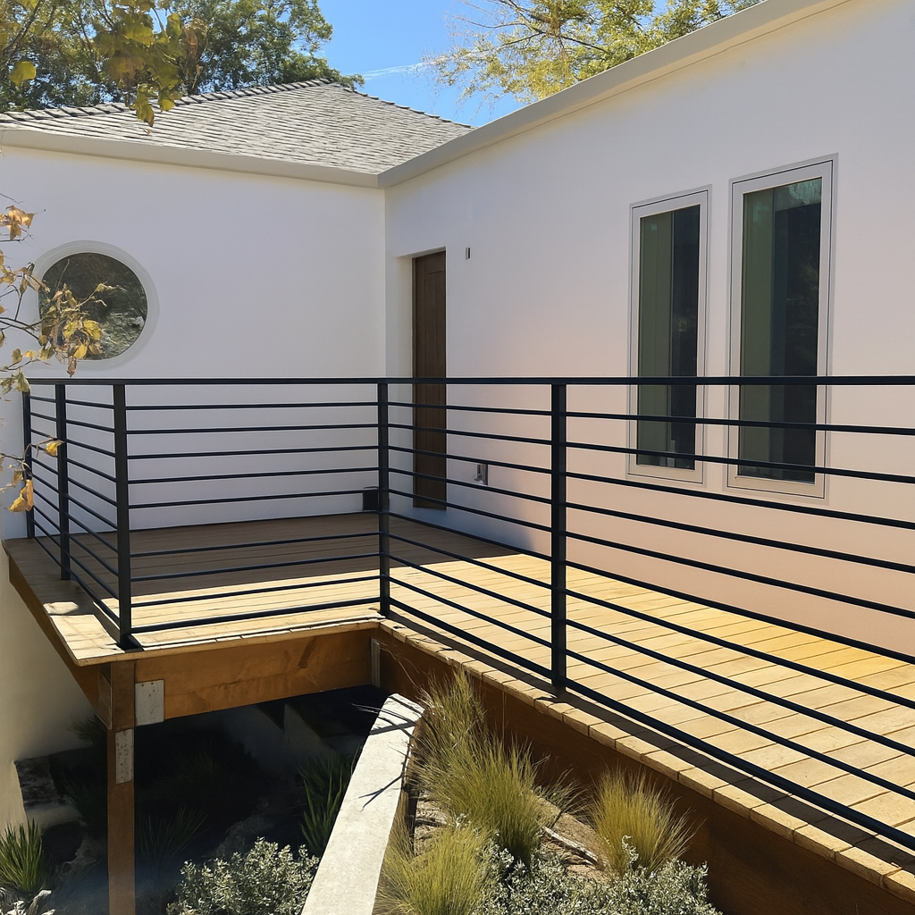 Modern house exterior with a deck and railing