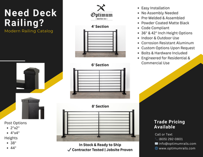 Prefabricated 8' Horizontal Aluminum Deck Railing (Preassembled)